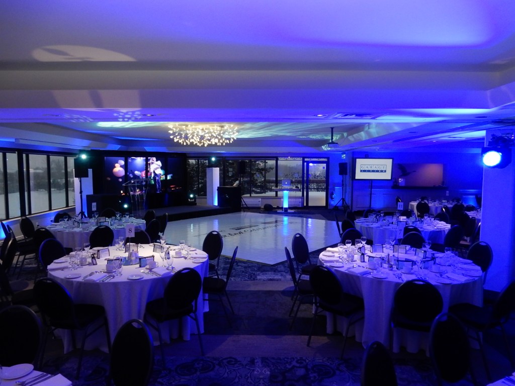 event room with blue ambient lights